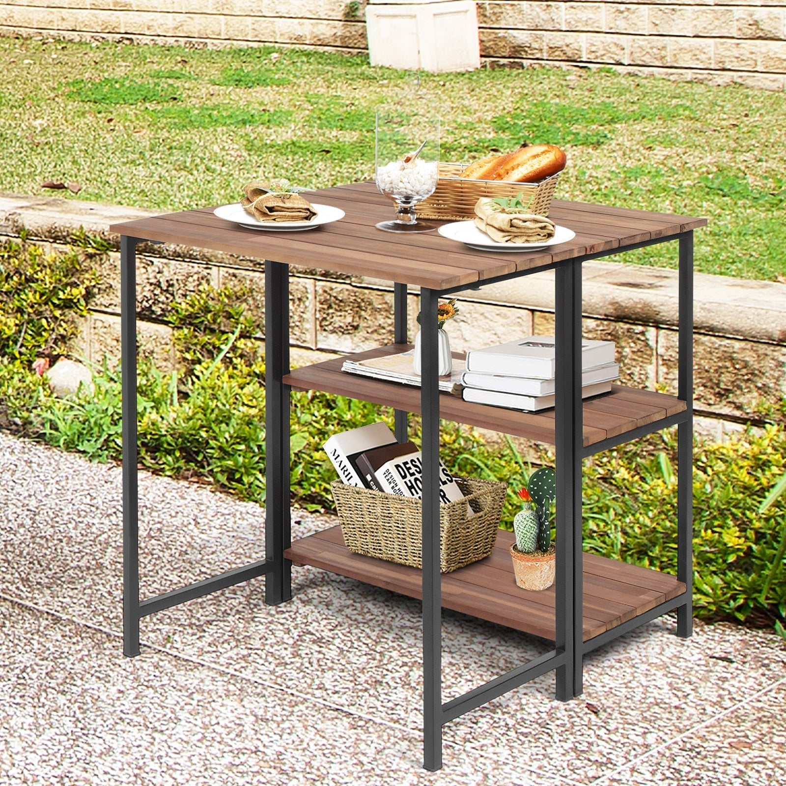 Acacia Wood Patio Folding Dining Table Storage Shelves