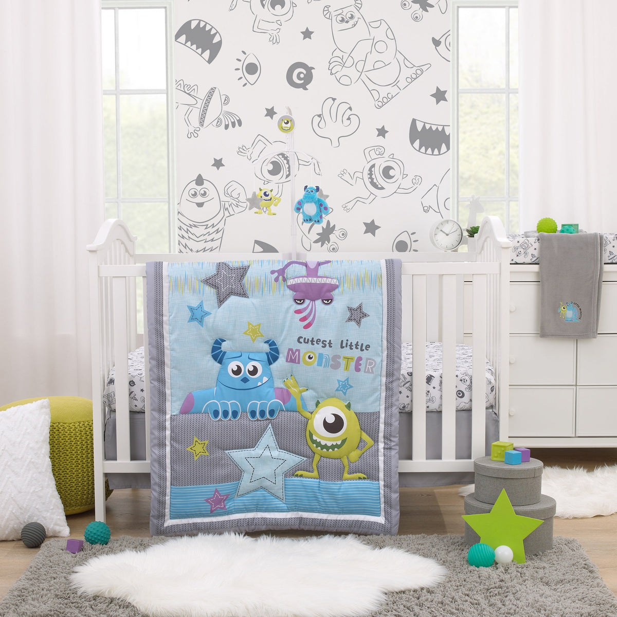 Disney Monsters, Inc. Cutest Little Monster Turquoise, Green, and Gray Sully, Mike and Stars Plush Musical Mobile