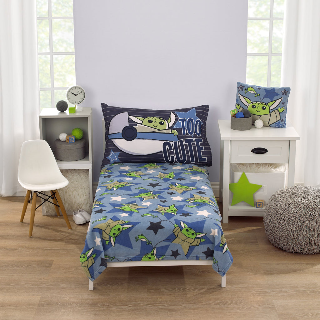 The Child Cutest in the Galaxy Blue, Green, and Gray, Grogu, Stars, and Hover Pod Super Soft Toddler Blanket