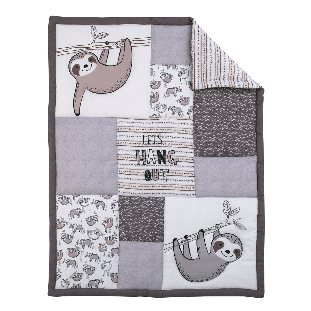 Sloth Let's Hang Out Grey, White and Charcoal 3 Piece Nursery Crib Bedding Set - Comforter, Crib Sheet, Dust Ruffle