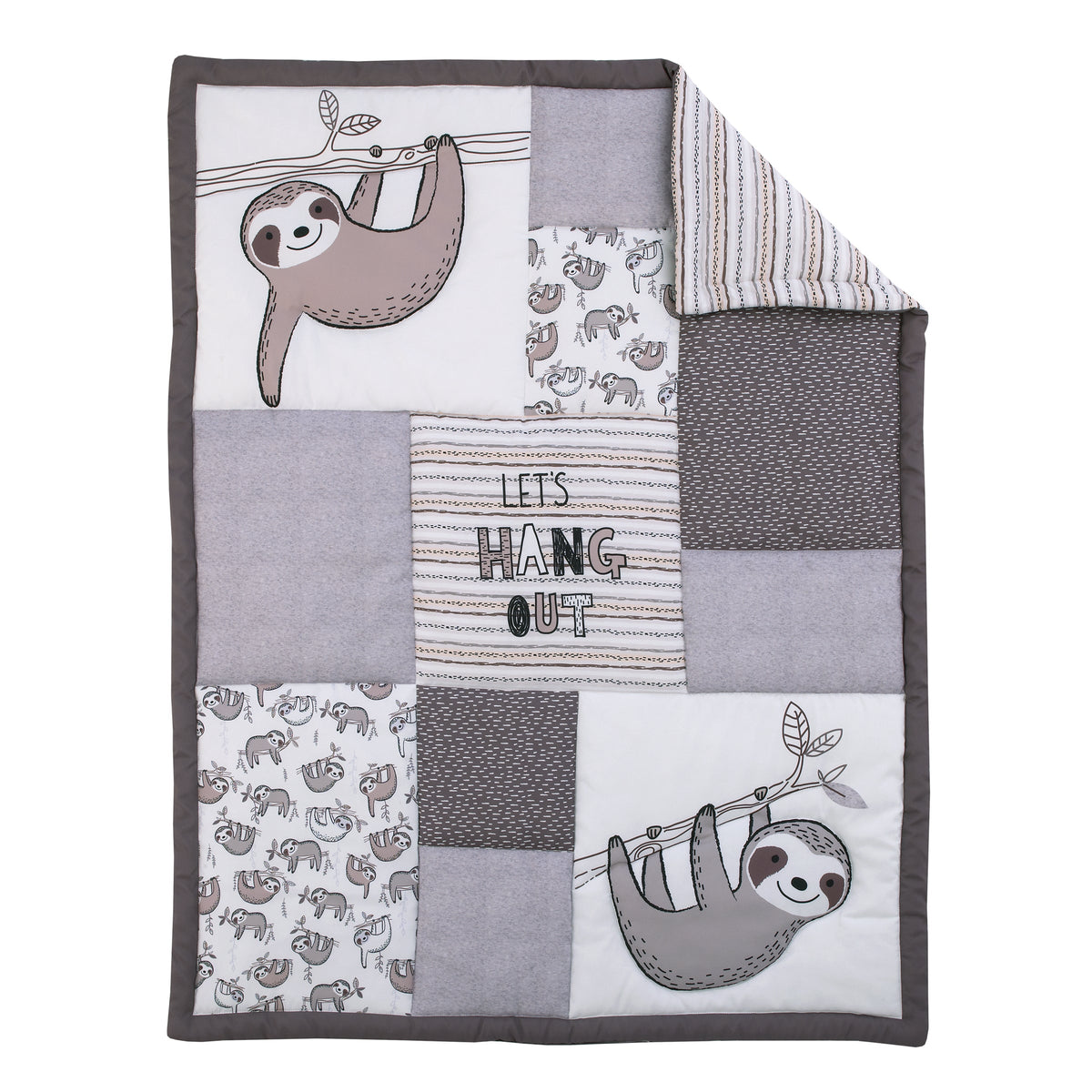 Sloth Let's Hang Out Grey, White and Charcoal 3 Piece Nursery Crib Bedding Set - Comforter, Crib Sheet, Dust Ruffle