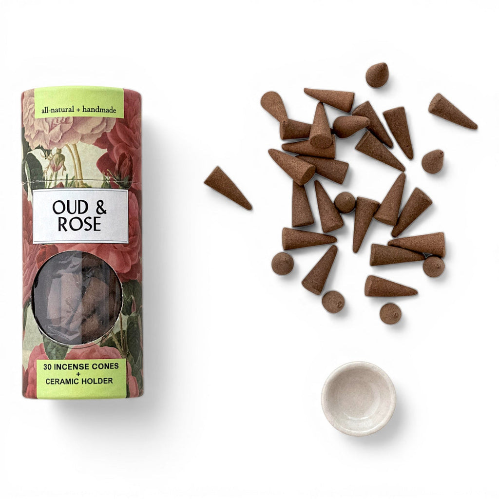 Oud & Rose Incense Cones with Ceramic Holder