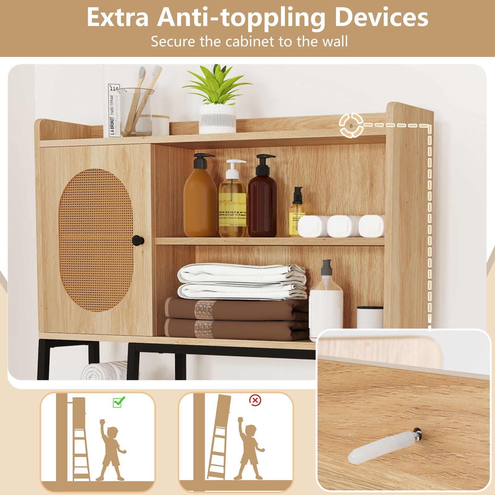 Over The Toilet Storage Cabinet with PE Rattan Door and Open Storage Shelves-Natural