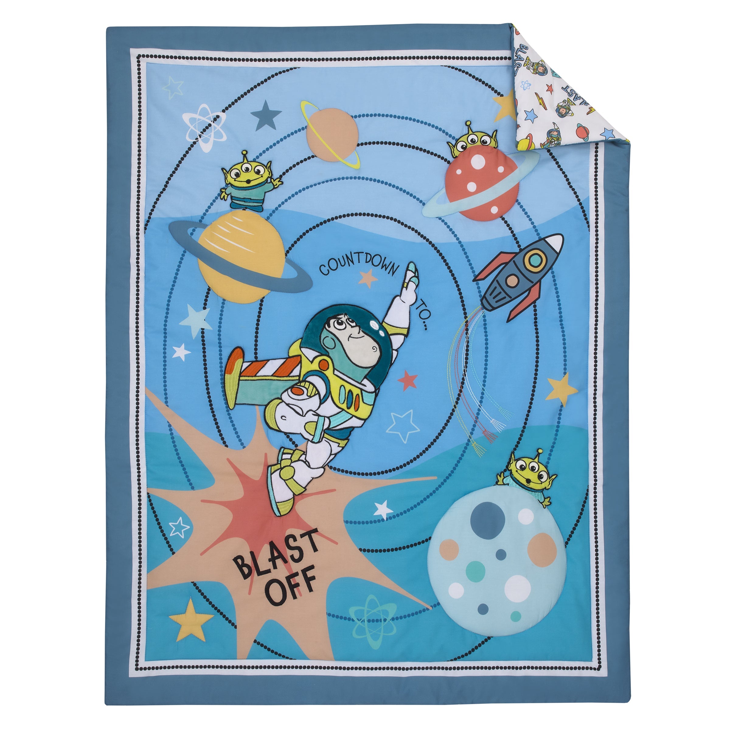 Toy Story Buzz Lightyear Blue, Orange, and Yellow Countdown to Blast-Off 3 Piece Nursery Crib Bedding Set - Comforter, 100% Cotton Fitted Crib Sheet and Crib Skirt