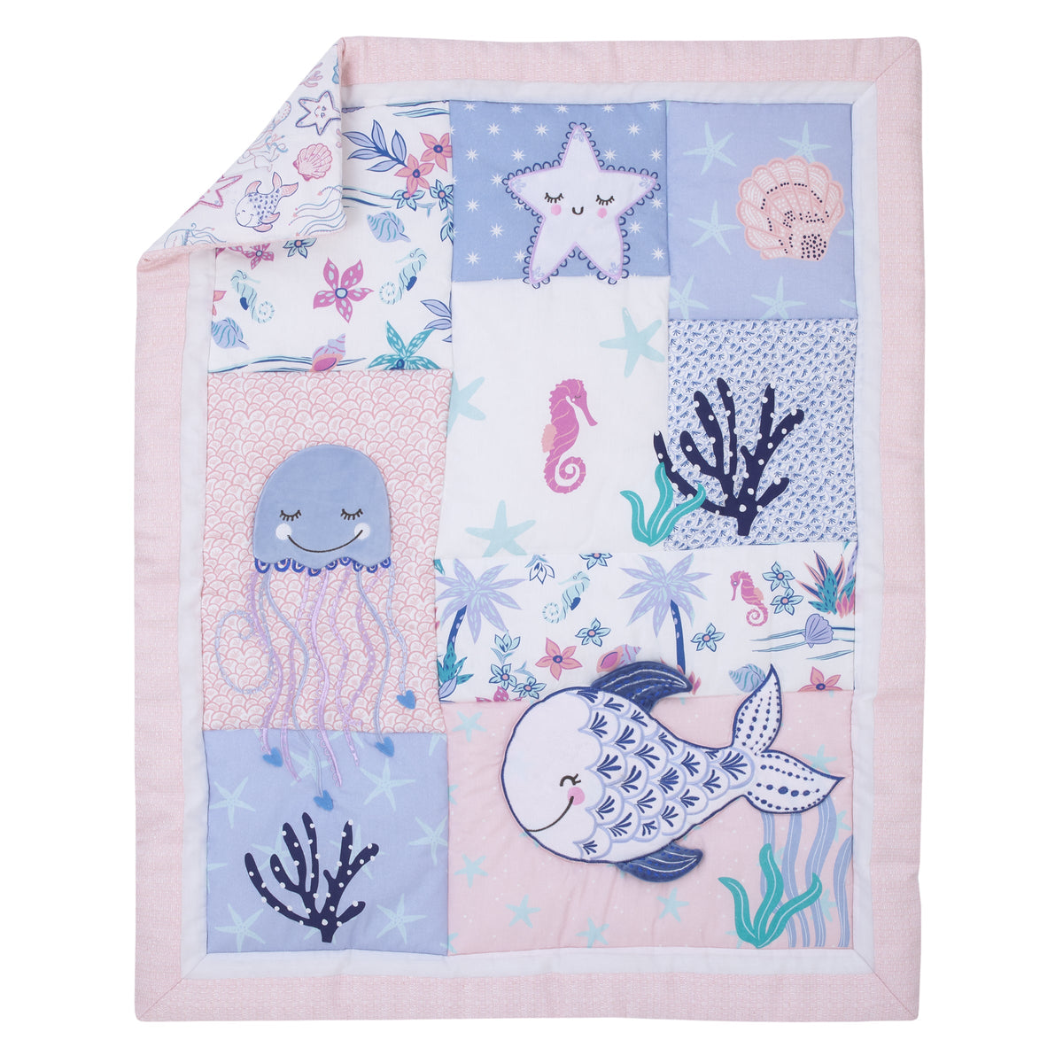Mermaid Lagoon Pink, Blue and White Undersea Friends, Fish, Coral, Jellyfish and Starfish 4 Piece Nursery Crib Bedding Set - Comforter, 100% Cotton Fitted Crib Sheet, Crib Skirt, and Storage Caddy