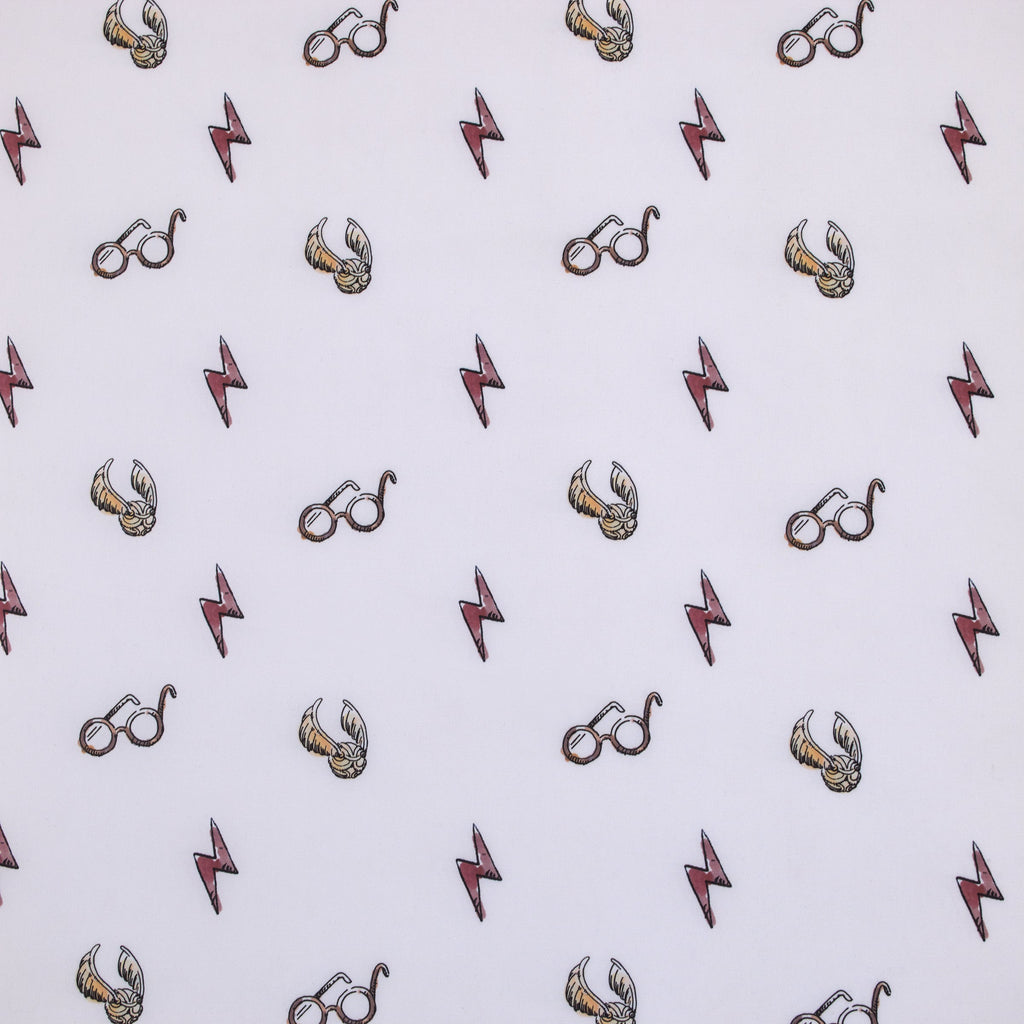 Warner Bros  Harry Potter White, Red, and Gold Lightning Bolt, Golden Snitch, and Glasses Nursery Fitted Crib Sheet