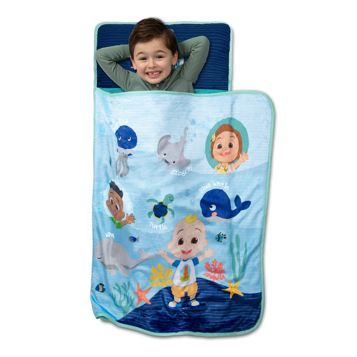 NoJo CoComelon "Love The Ocean" Toddler Nap Mat - Includes Attached Pillow and Fleece Blanket, Light Blue, and Navy