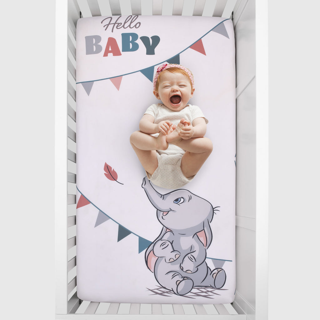 Disney Dumbo Gray, Teal, and White "Hello Baby" Nursery Photo Op Fitted Crib Sheet