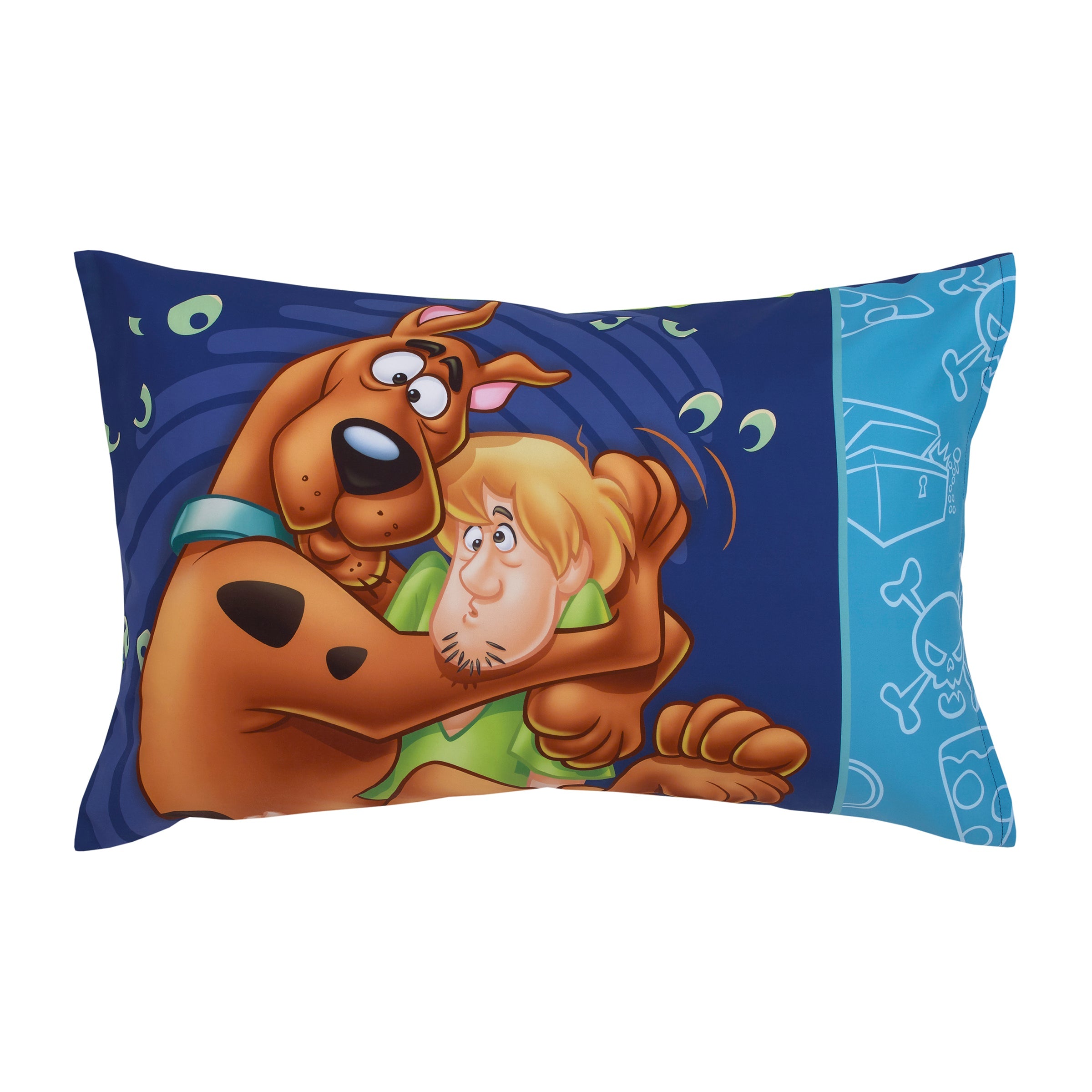 Warner Bros  Scooby Doo - Scooby Dooby Doo Blue, Green, Brown and Orange 4 Piece Toddler Bed Set - Comforter, Fitted Bottom Sheet, Flat Top Sheet, and Reversible Pillowcase