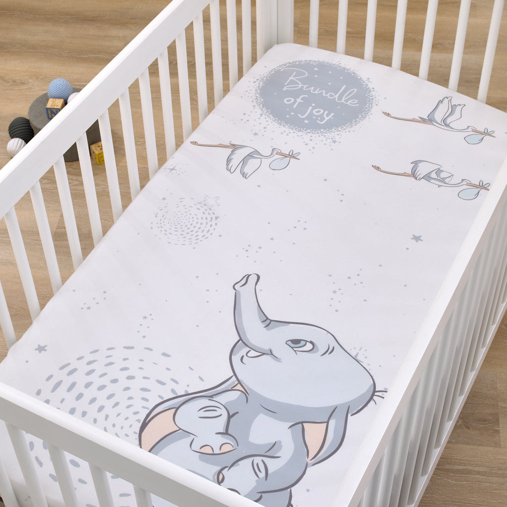 Disney Dumbo Sweet Little Baby Light Blue and White Storks "Bundle of Joy" 100% Cotton Photo Op Nursery Fitted Crib Sheet