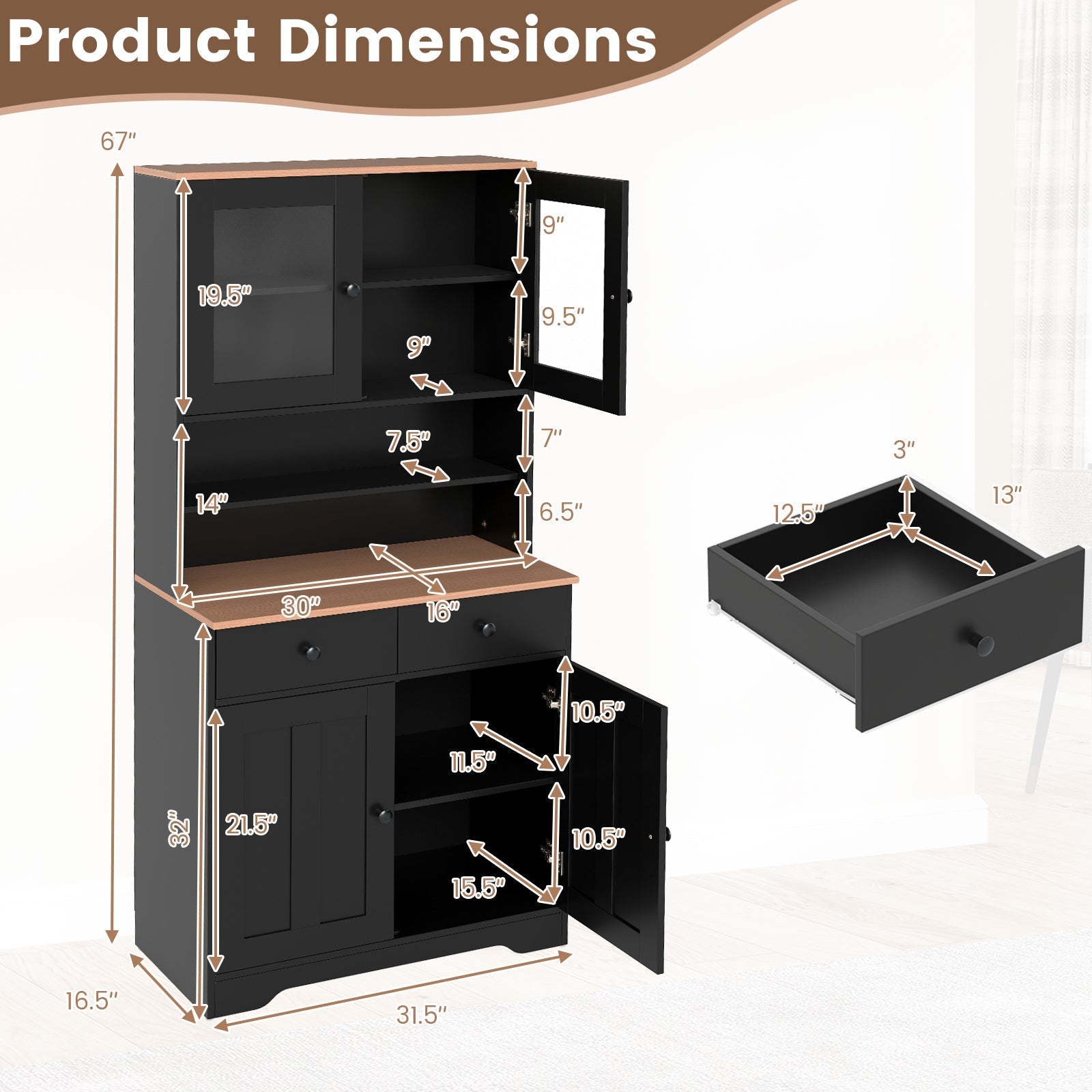 Pantry Cabinet with 2 Removable Shelves