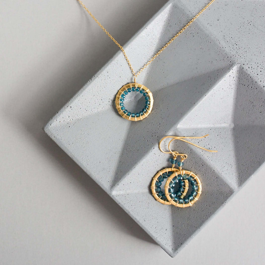 London Blue Quartz Halo Mini Gold Pendant