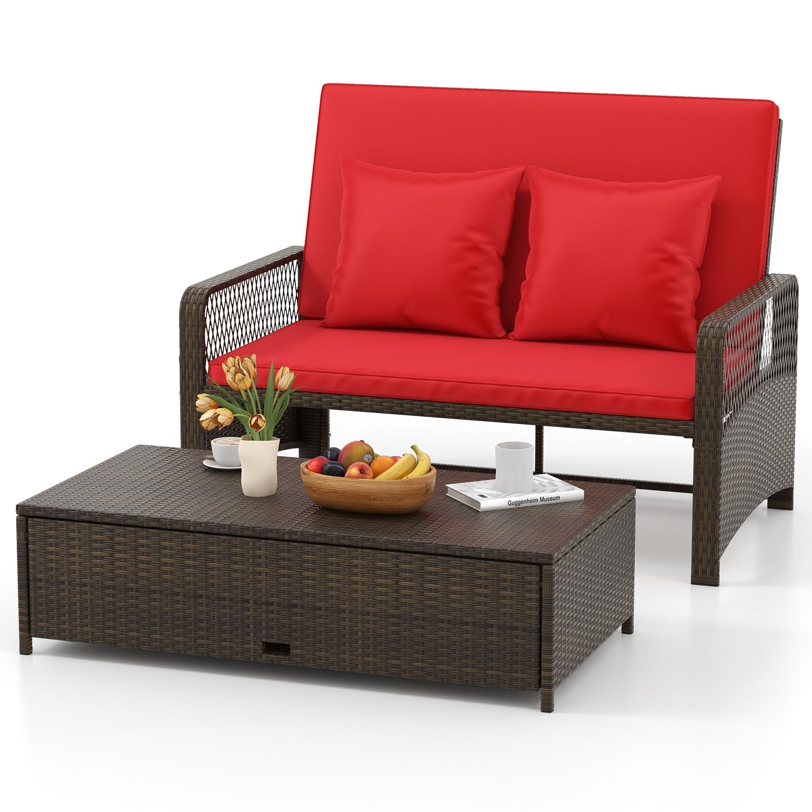 Patio Adjustable Wicker Daybed with 4-Level Backrest and Soft Cushions