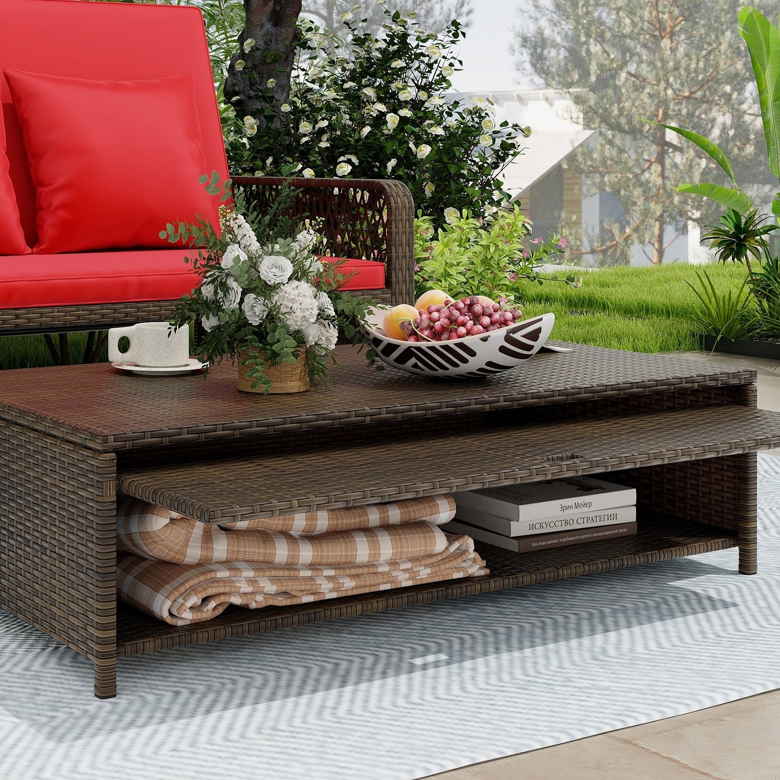 Patio Adjustable Wicker Daybed with 4-Level Backrest and Soft Cushions