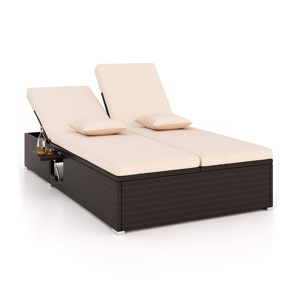 Patio Double Chaise Lounge with Cushions and Folding Side Trays