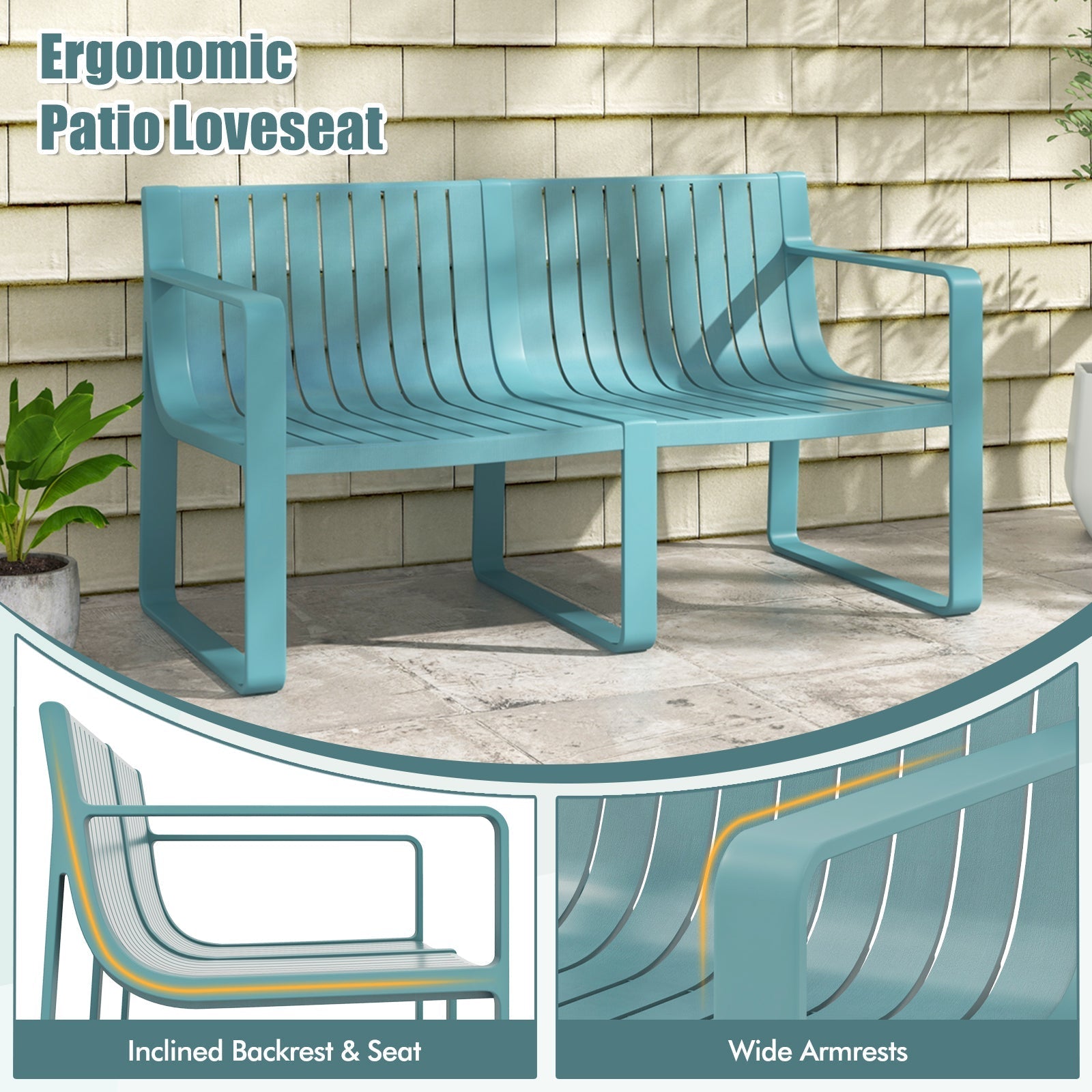 Weather-resistant Plastic 2-Person Bench with Curved Backrest