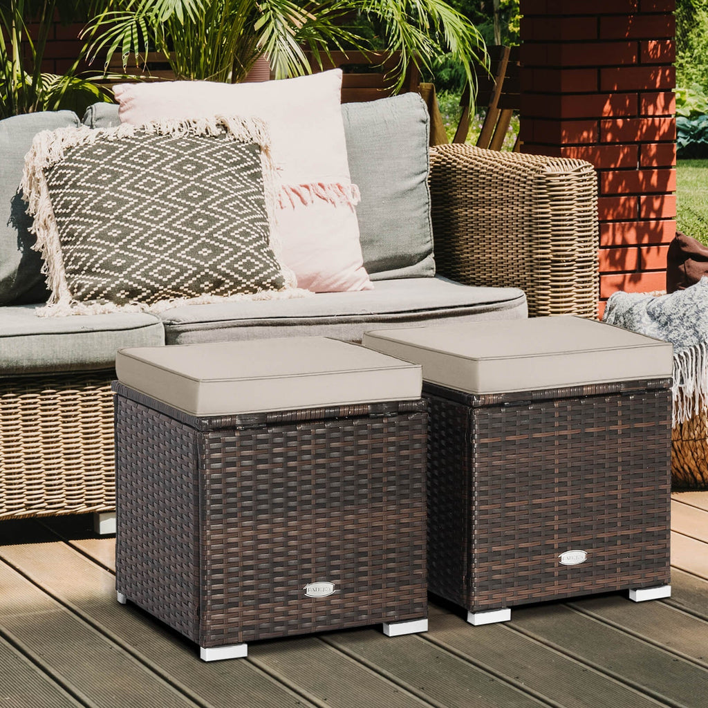 2 Pieces Patio Ottoman with Removable Cushions-Brown
