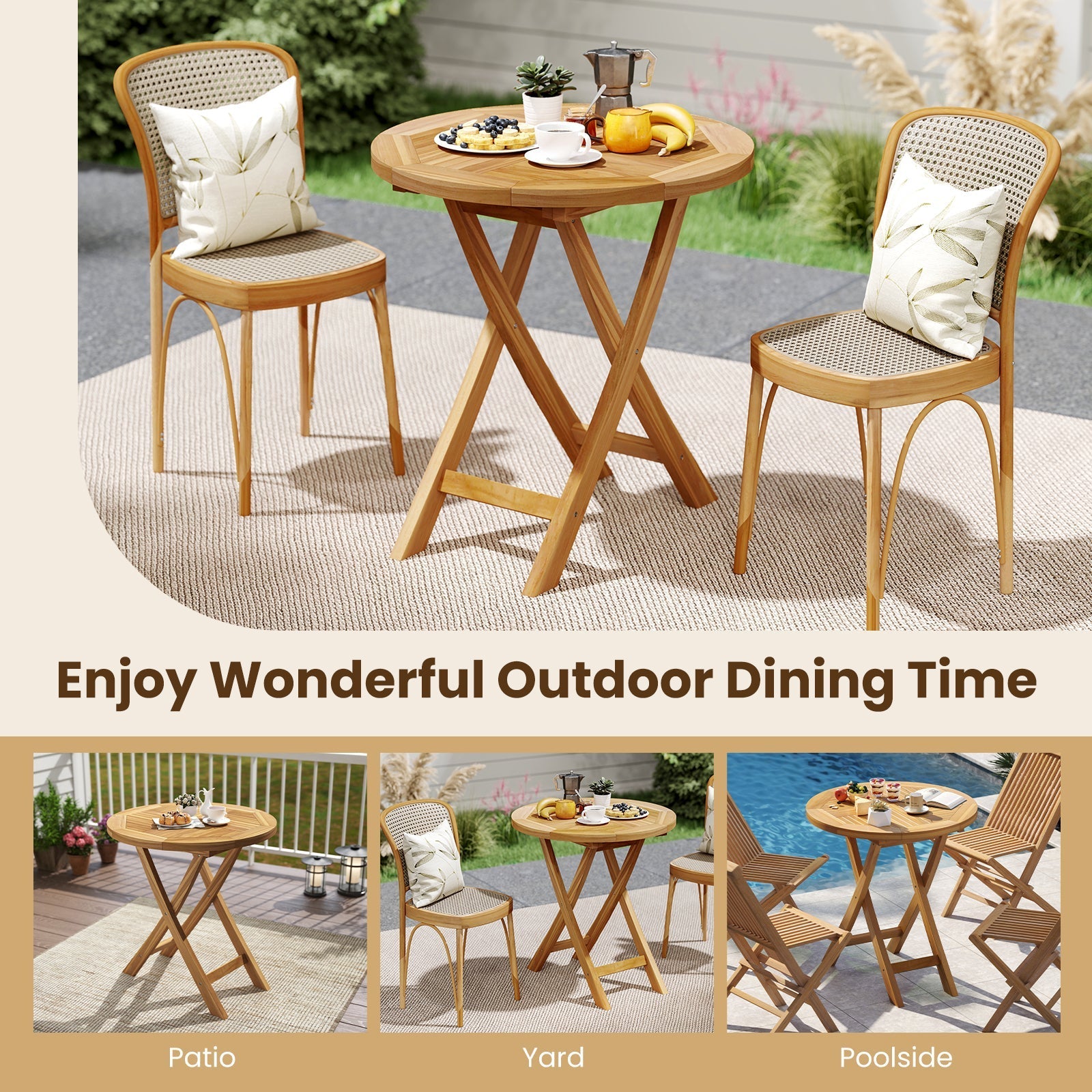 Patio Teak Wood Dining Table with Slatted Tabletop and Sturdy X-Shaped Frame