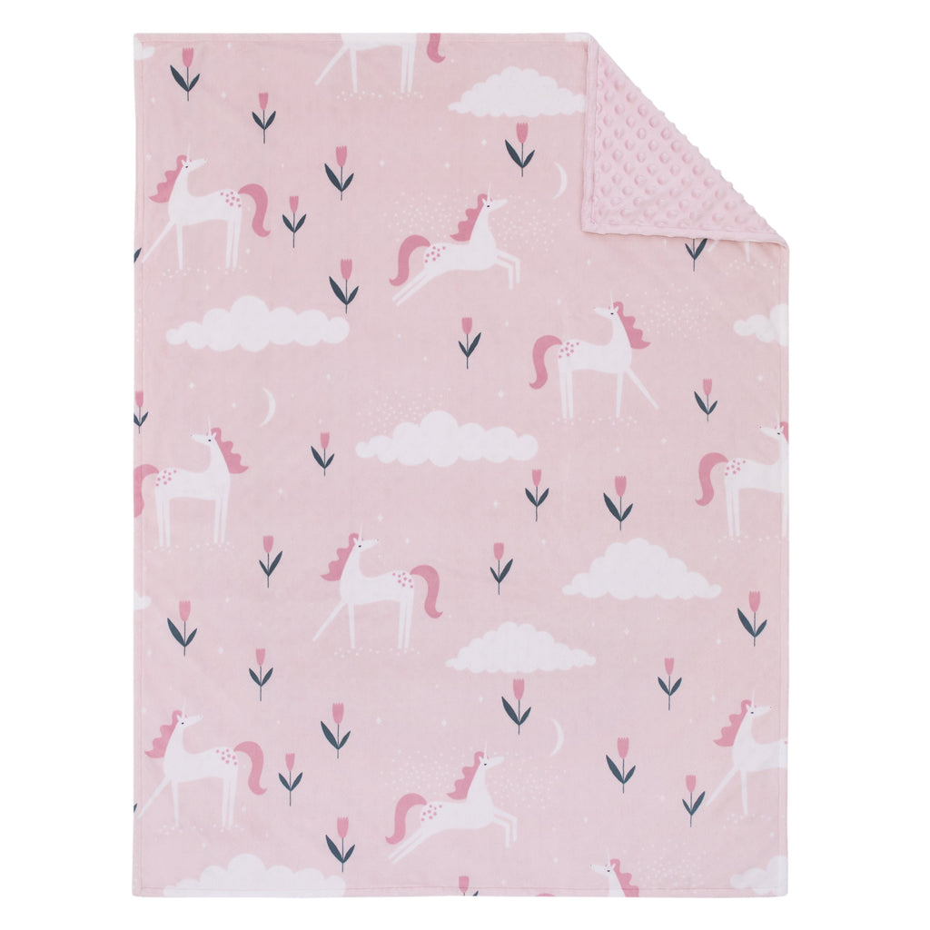 Unicorn Pink, White, and Teal Clouds and Flowers Super Soft Baby Blanket