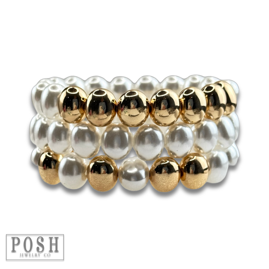Pearl and gold oval bead bracelet set