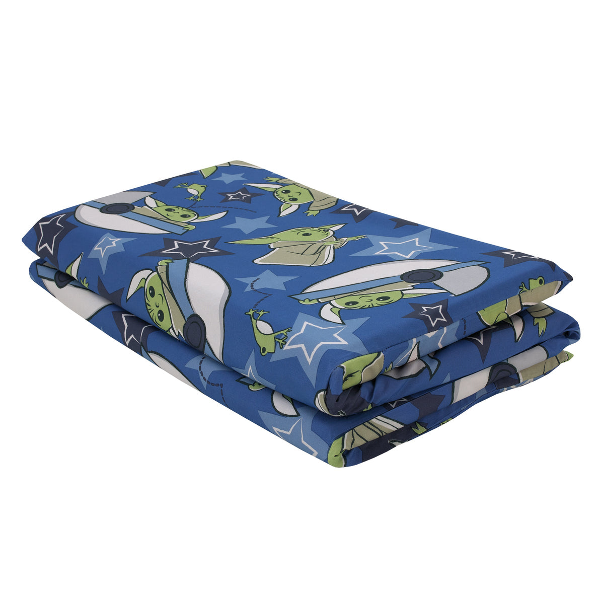 The Child Cutest in the Galaxy Blue, Green and Gray Grogu, Hover Pod, and Stars Preschool Nap Pad Sheet