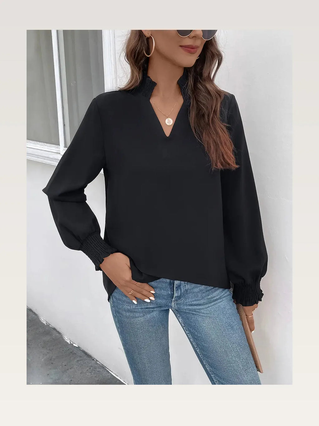 Smocked Notched Neck Long Sleeve Blouse with Bishop Sleeves
