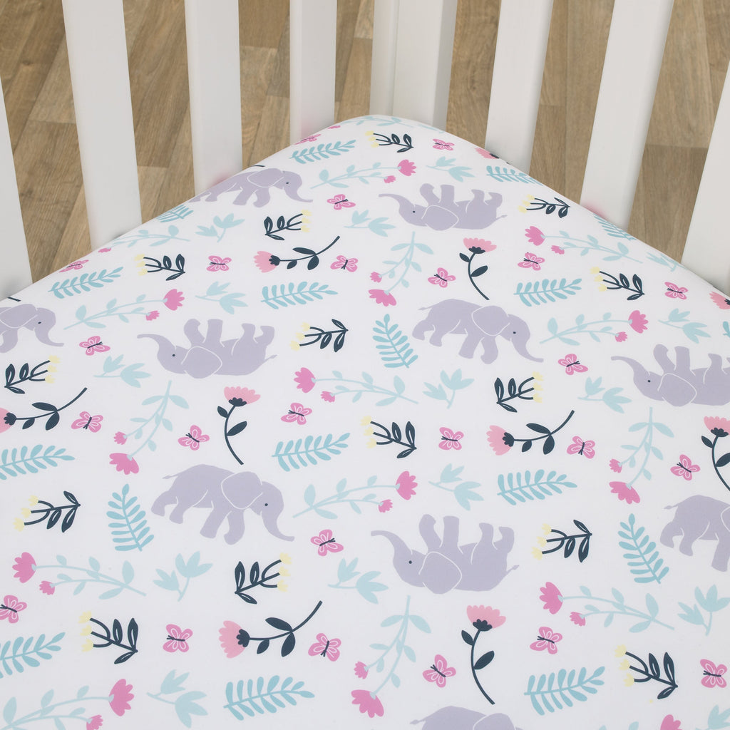 Floral Elephant White Multi Colored Super Soft Fitted Crib Sheet