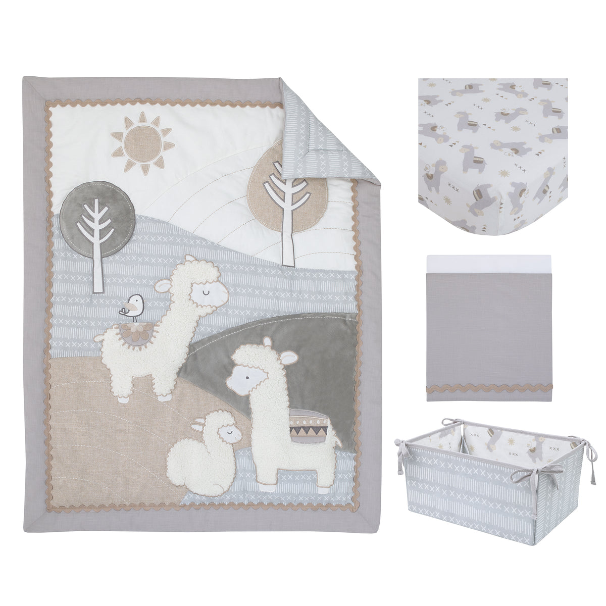 Mama's Little Llama Grey, White and Charcoal 4 Piece Nursery Crib Bedding Set - Comforter, Crib Sheet, Dust Ruffle and Nursery Organizer