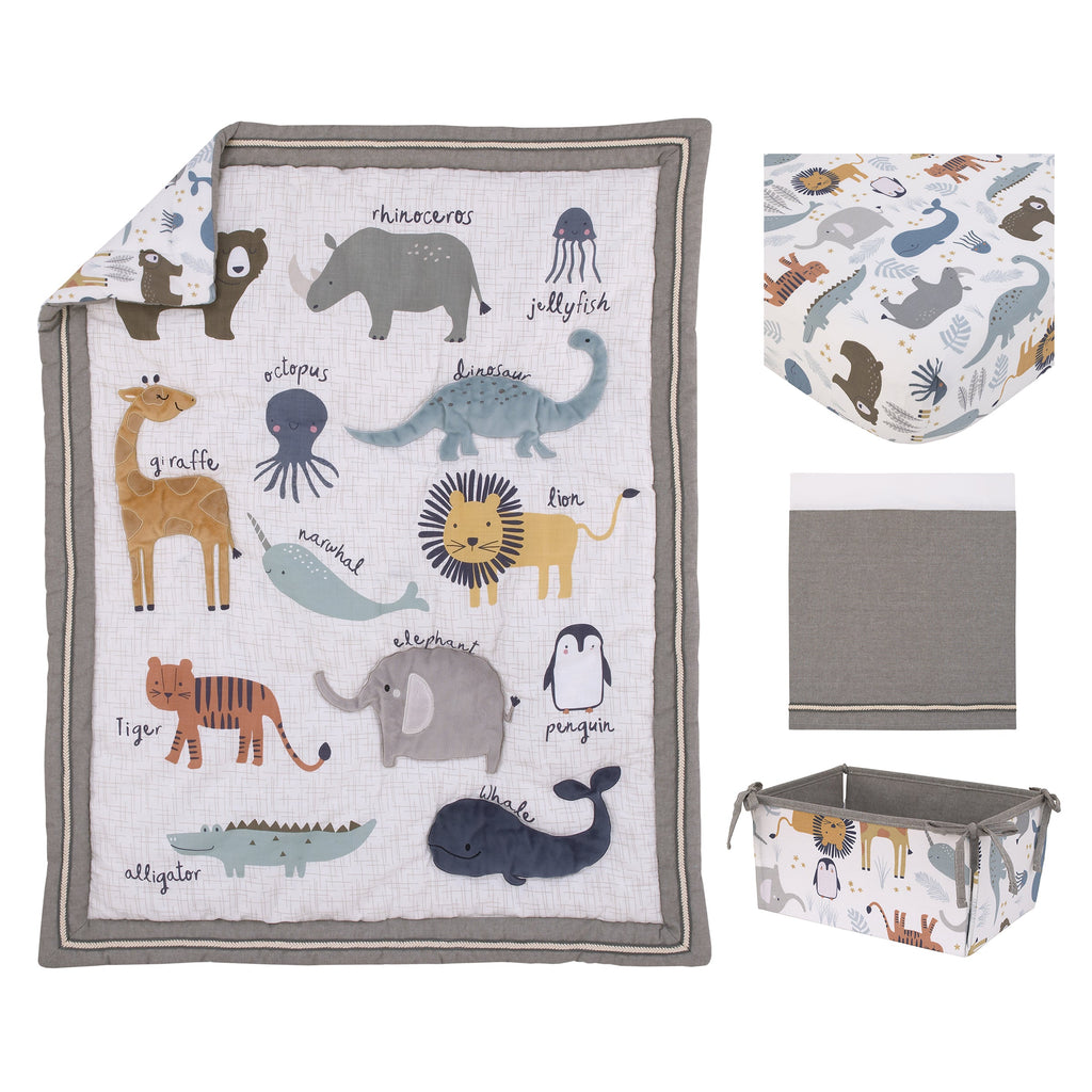 Zoo Animals White and Gray 4 Pc Crib Bedding Set