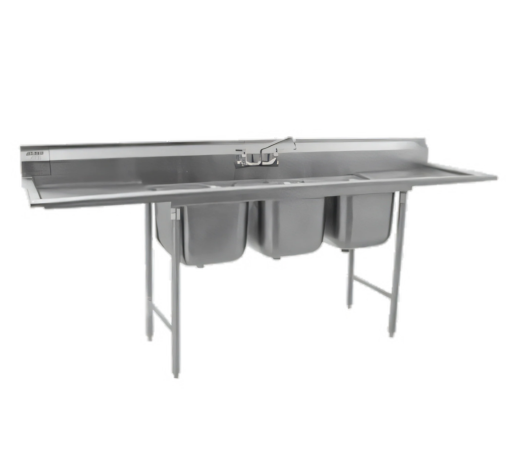 Eagle Group 314-24-3-24L-X 304 Stainless Steel Three-Compartment Sink, 24 x 24 x 13-1/2 Inch Compartments, Left Drainboard, 104-3/4 Inch Wide