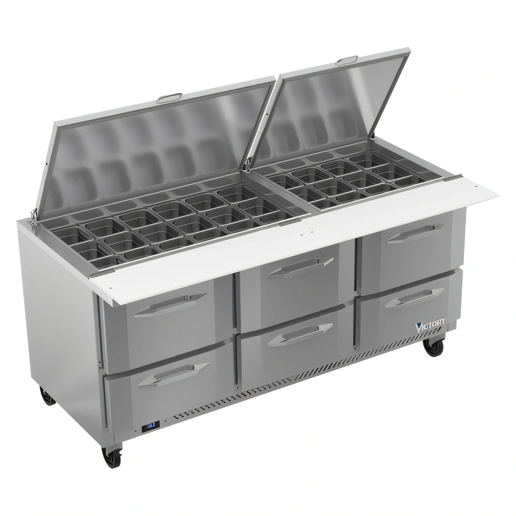Victory Refrigeration UltraSpec™ VSPD72HC-30B-6 72-Inch Three-Section Sandwich Prep Table, 6 Drawers, 30-Pan Top, Self-Contained R290