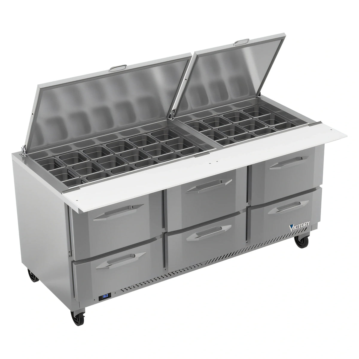 Victory Refrigeration UltraSpec™ VSPD72HC-30B-6 72-Inch Three-Section Sandwich Prep Table, 6 Drawers, 30-Pan Top, Self-Contained R290