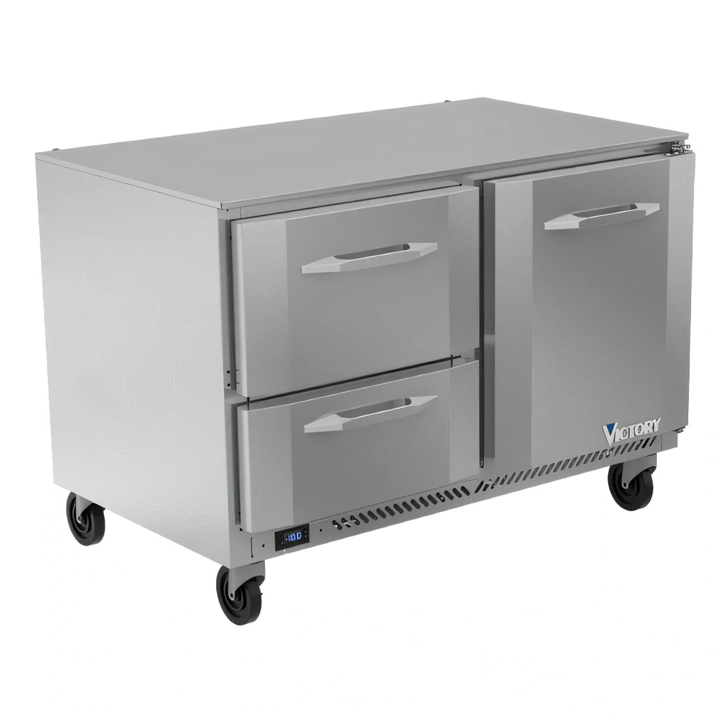 Victory Refrigeration VUFD48HC-2 48-Inch Two-Section Undercounter Freezer with Door and Drawers, Self-Contained R290 Refrigeration