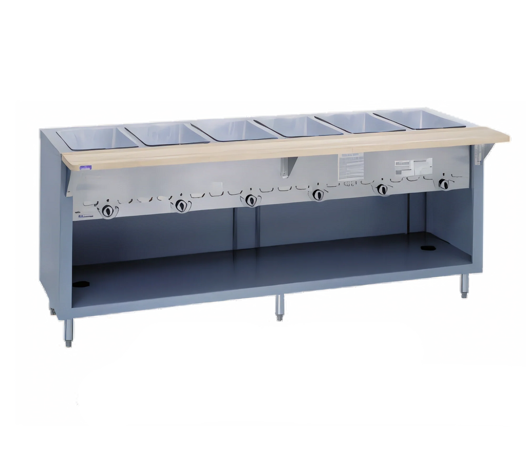 Duke Thurmaduke G-5-CBSS 5-Well Full-Size Gas Dry Heat Steam Table, 74" Stainless Steel, Open Undershelf