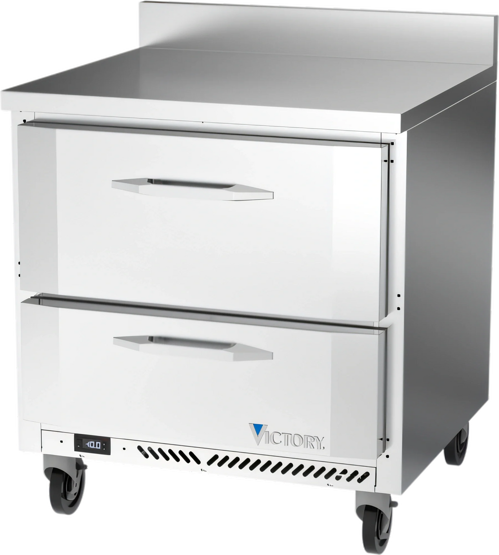 Victory Refrigeration VWFD32HC-2 32-Inch Stainless Steel Worktop Freezer with 2 Drawers, 7.22 Cu. Ft., Rear-Mounted Self-Contained Refrigeration