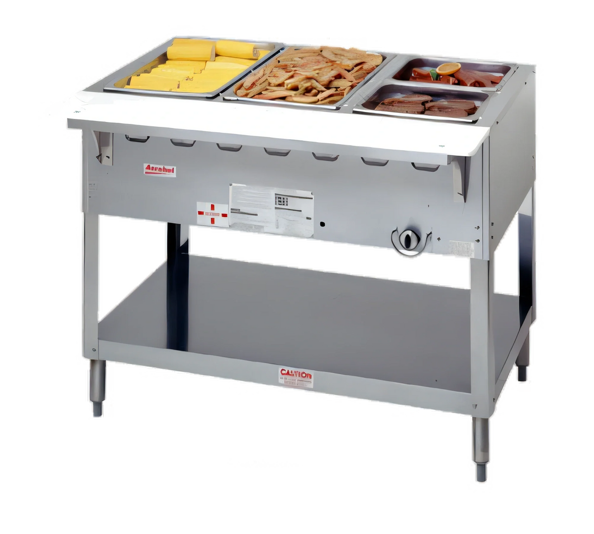 Duke Aerohot WB303 44-3/8 Inch Gas Wet Bath Steam Table, 3-Pan, Stainless Steel, Open Base with Undershelf