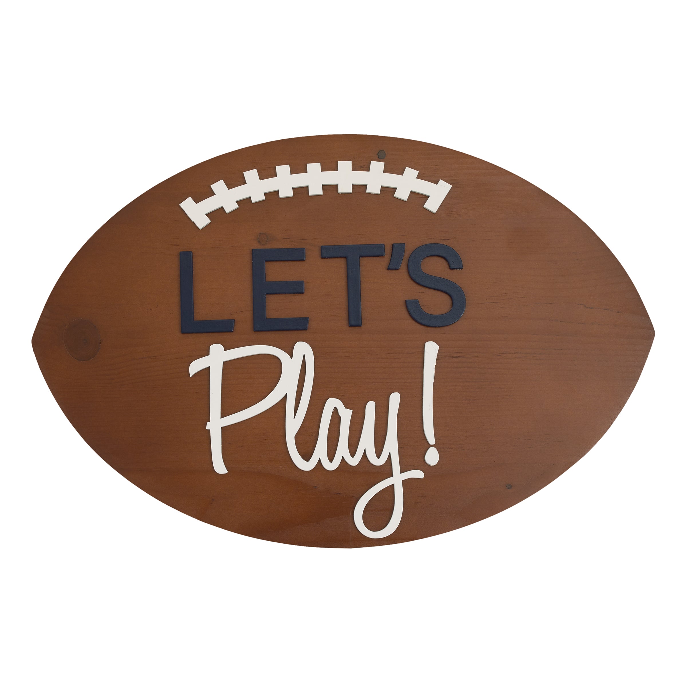 Football Shaped Let's Play Brown and White Wood Wall DÃ©cor
