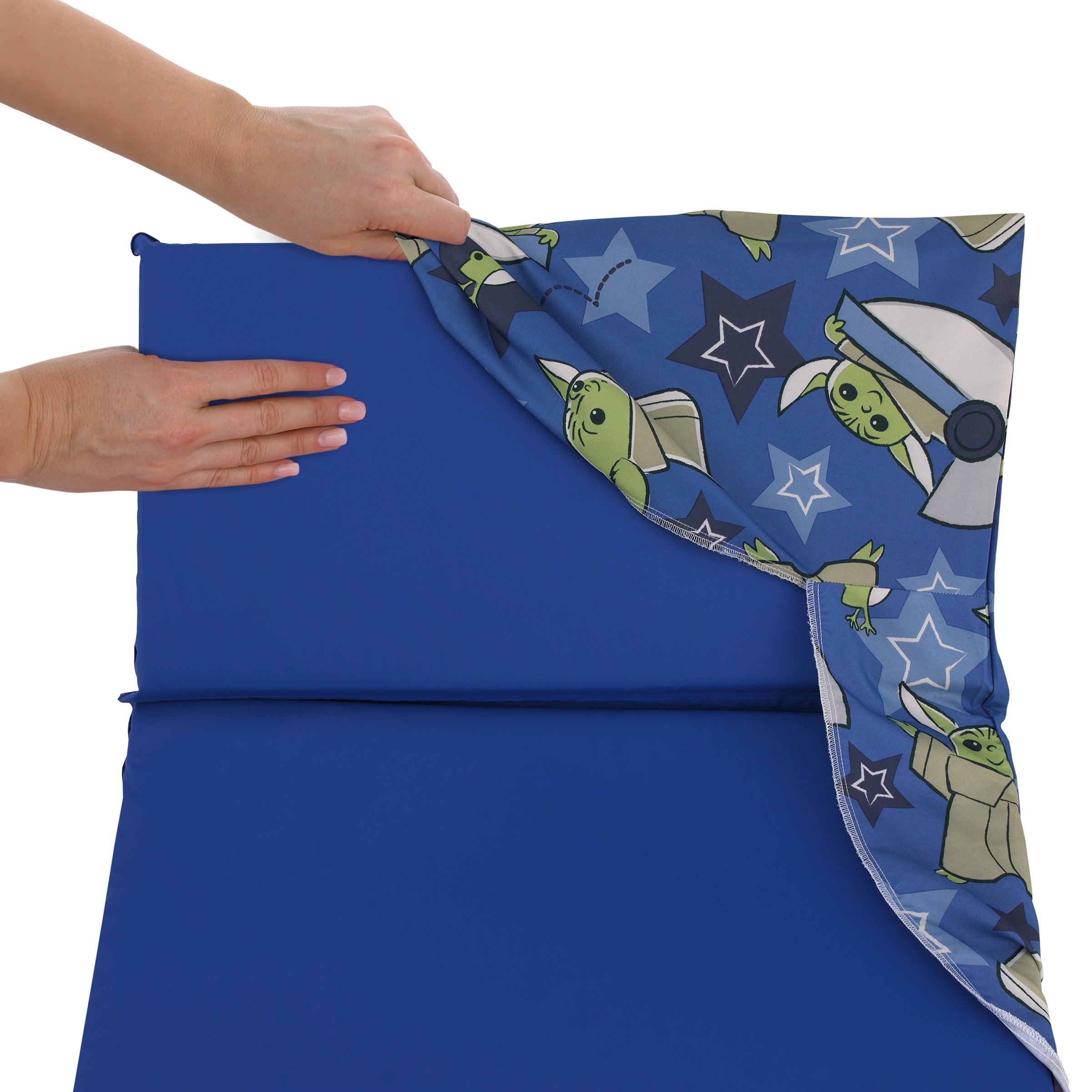 The Child Cutest in the Galaxy Blue, Green and Gray Grogu, Hover Pod, and Stars Preschool Nap Pad Sheet