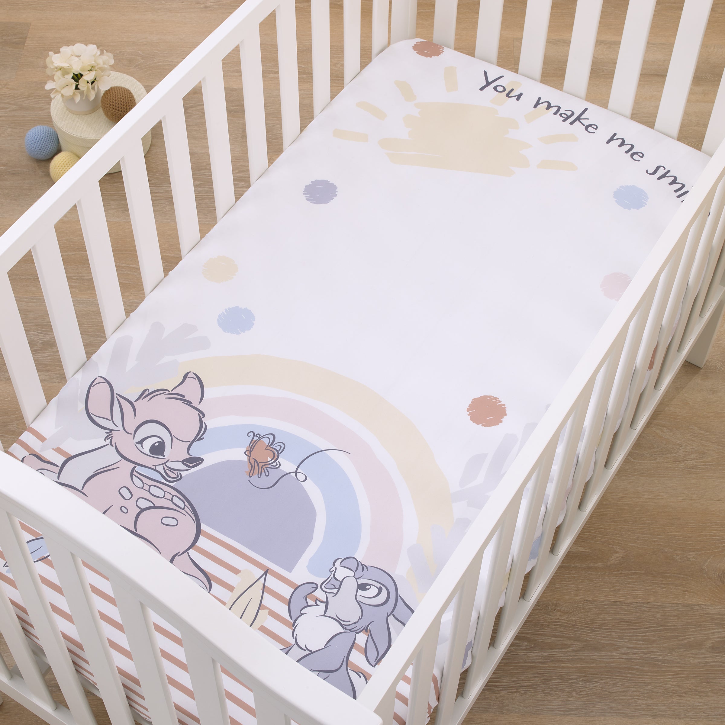 B is for Bambi Tan, Gray, Blue, and White You Make Me Smile Photo Op Fitted Crib Sheet