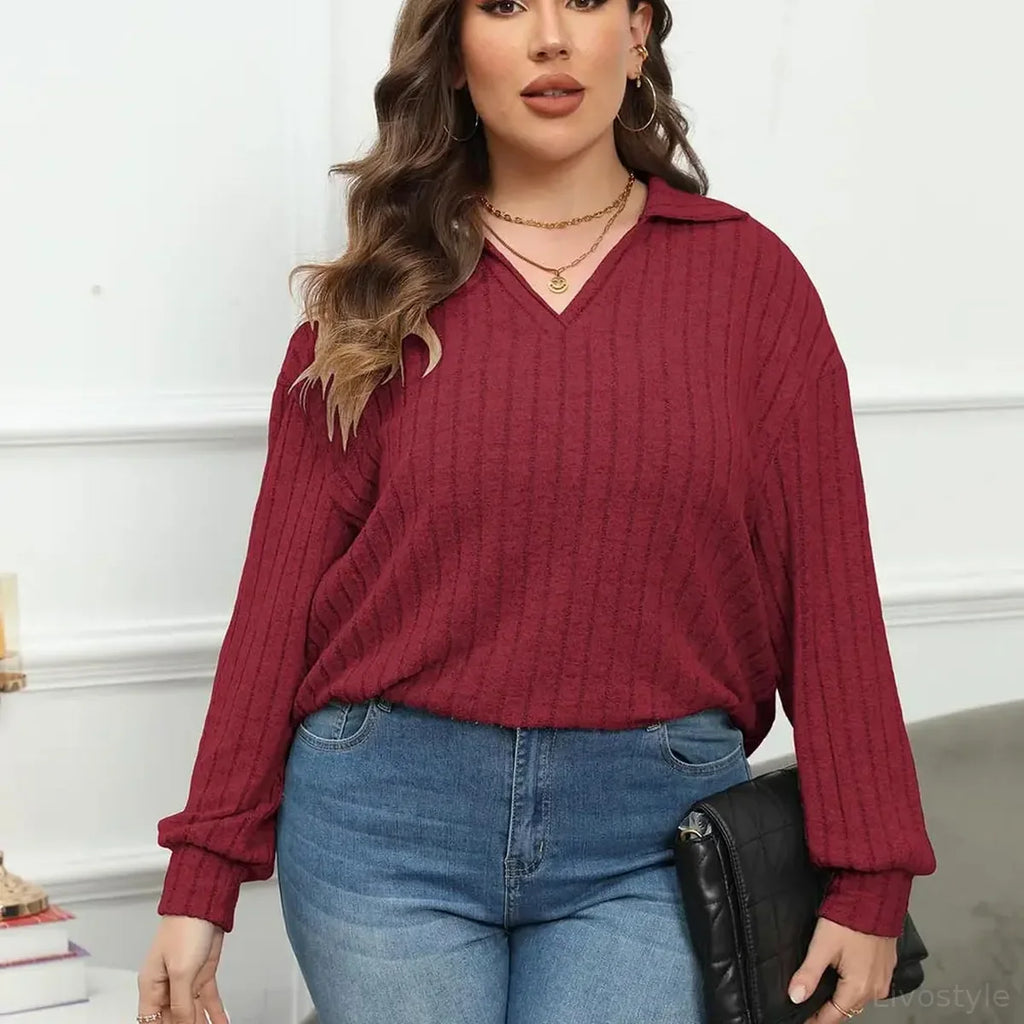 Ribbed Collared Neck Long Sleeve Blouse