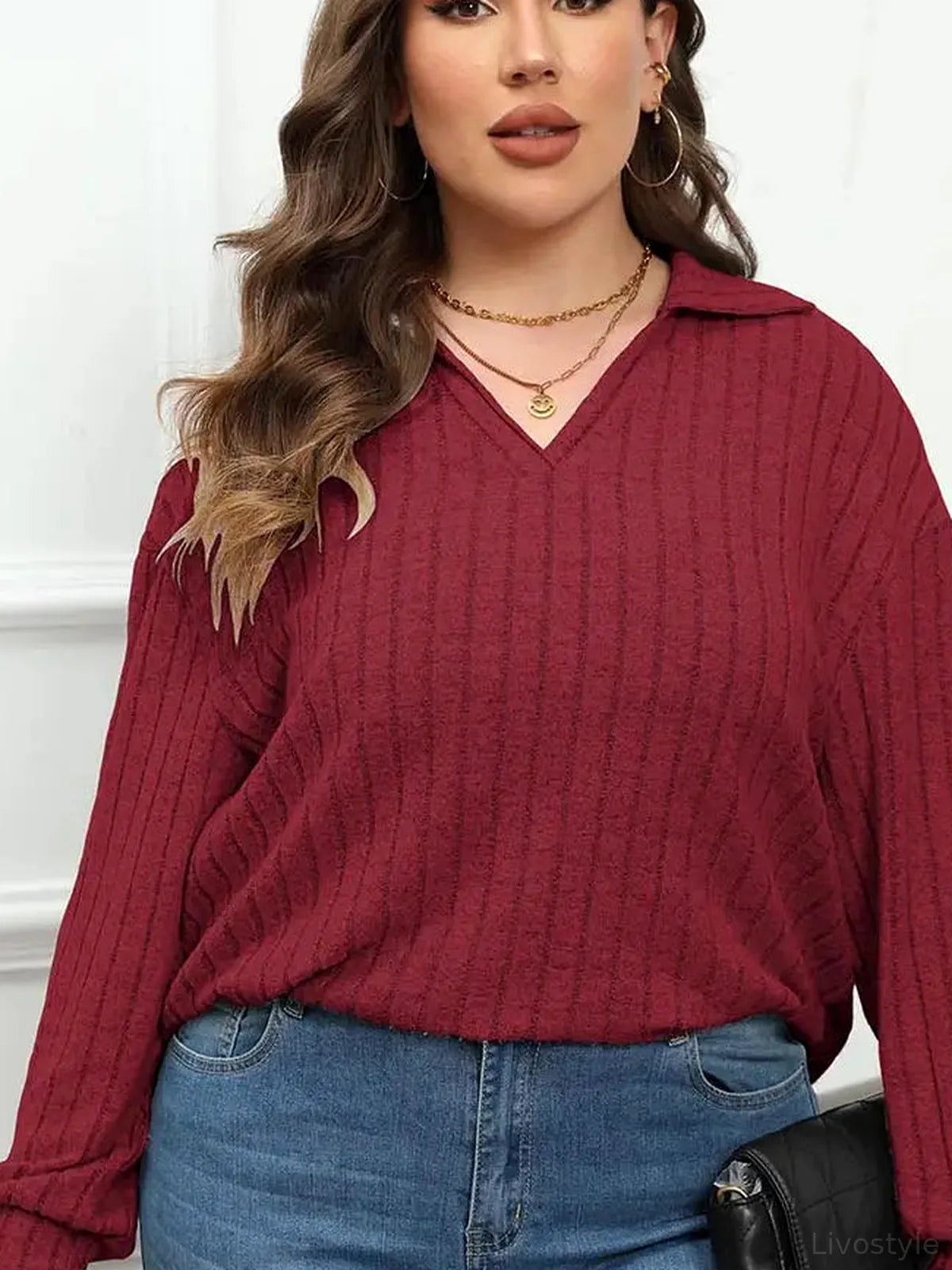Ribbed Collared Neck Long Sleeve Blouse