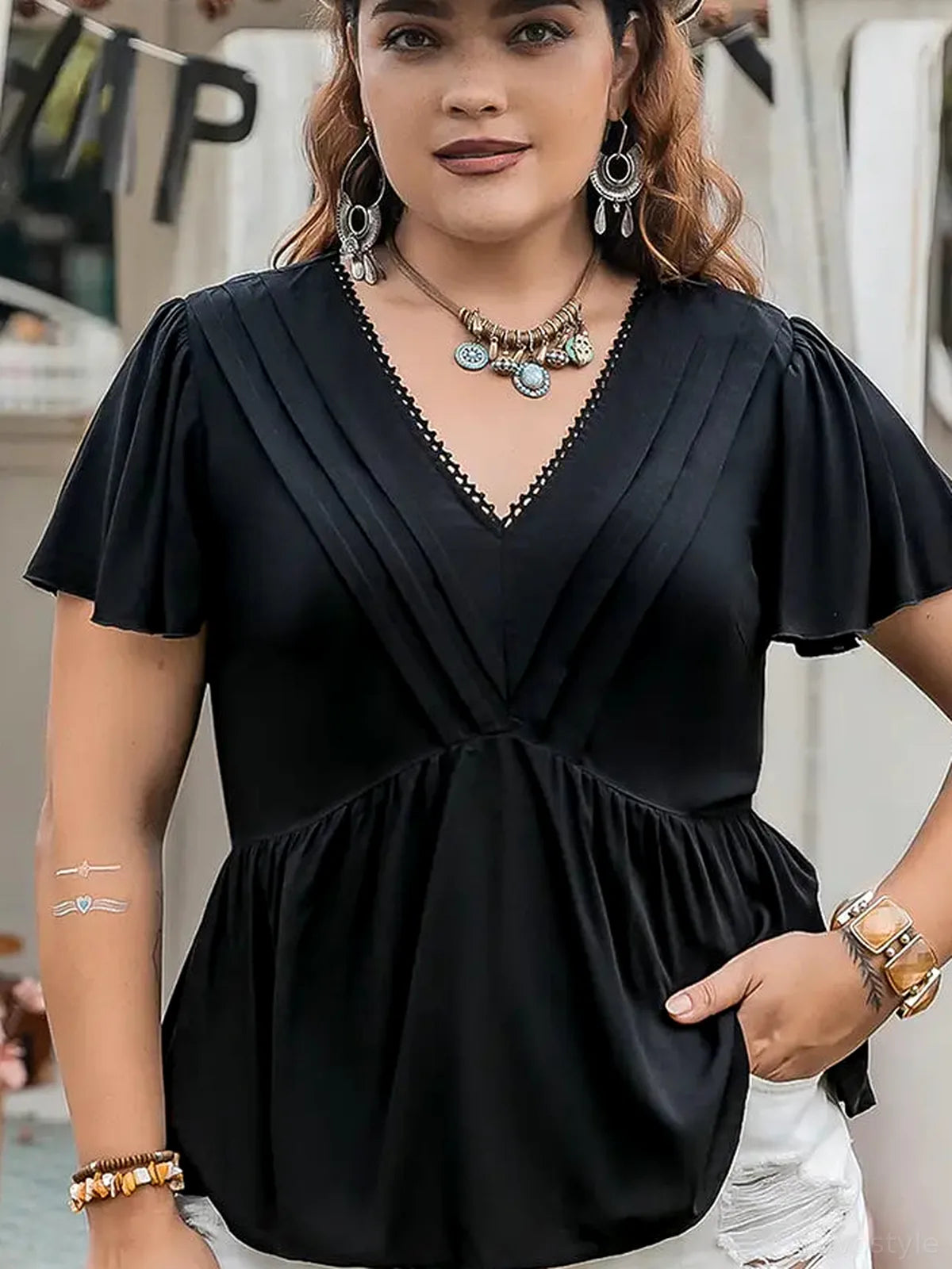 V-Neck Flutter Sleeve Blouse