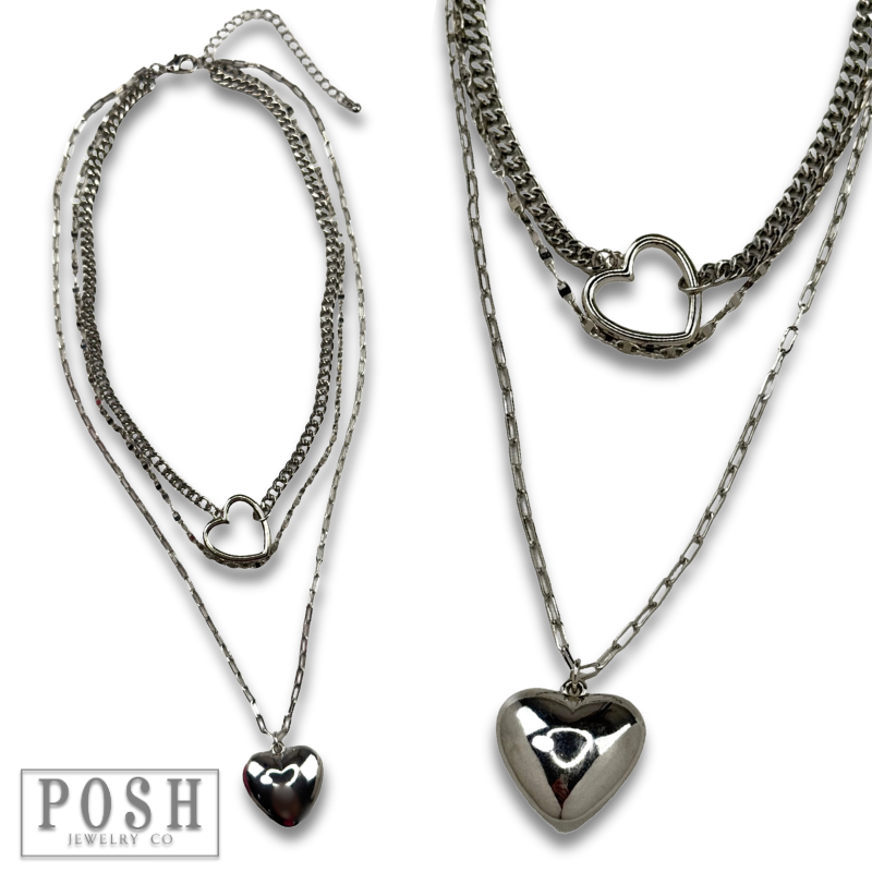 Three strand puffed heart charm necklace