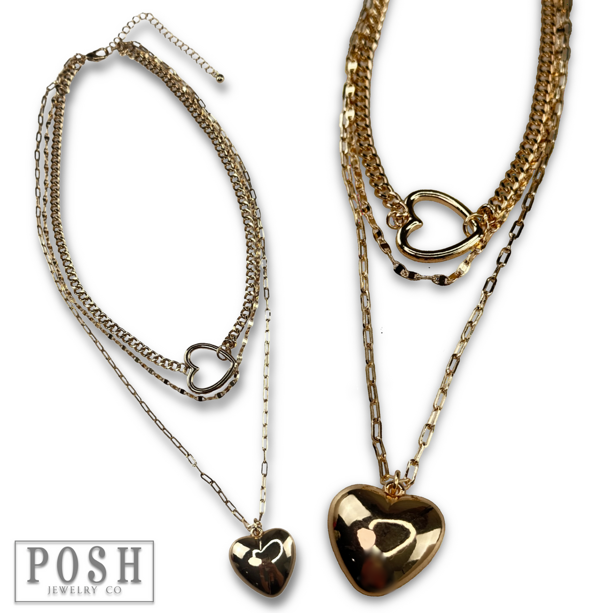 Three strand puffed heart charm necklace