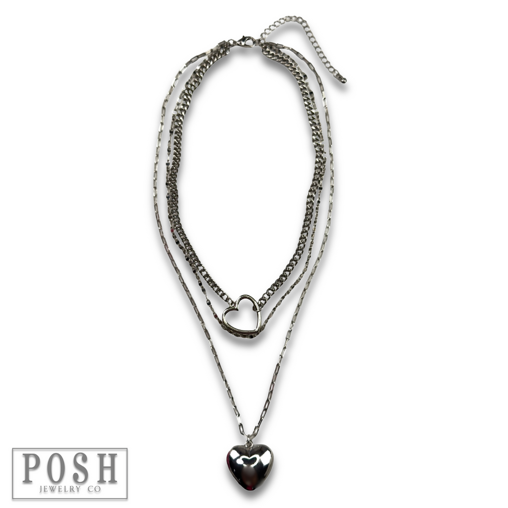 Three strand puffed heart charm necklace