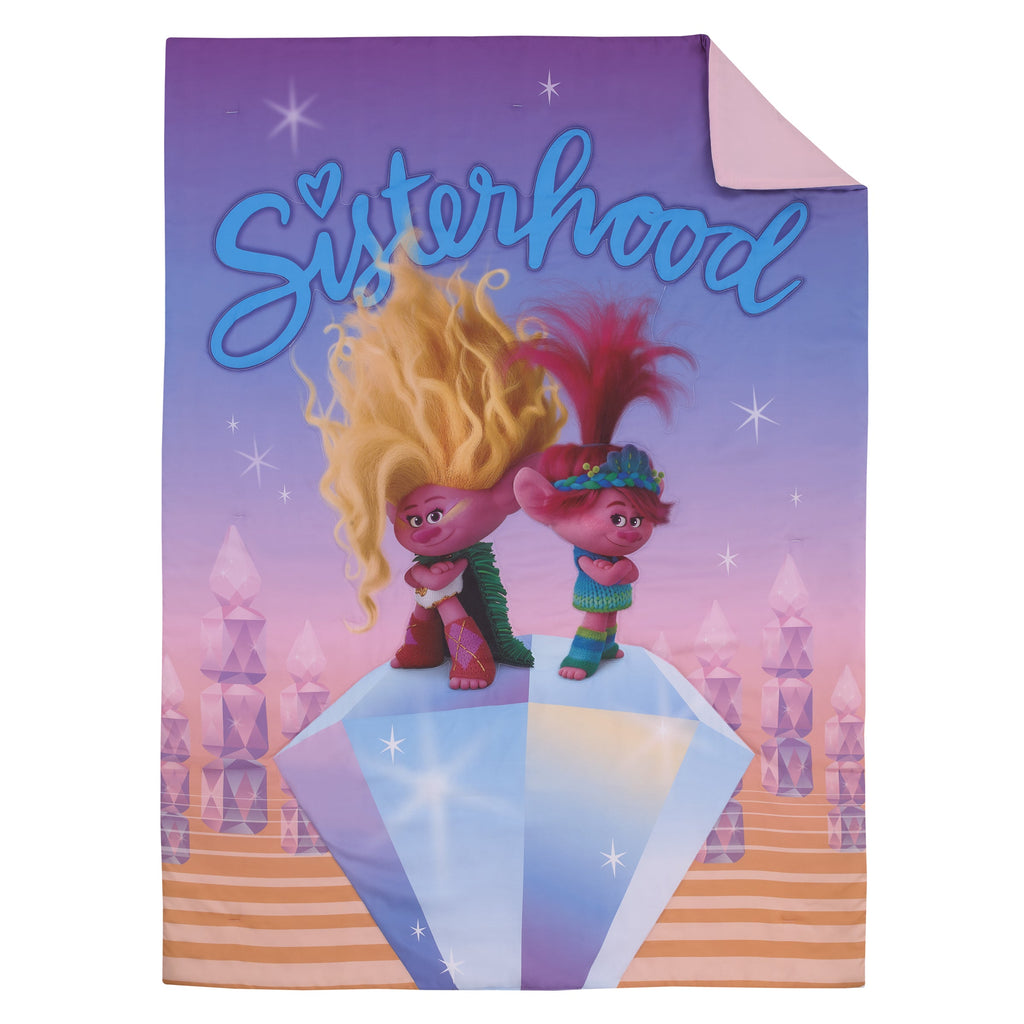 DreamWorks Trolls Glam Together Purple, Pink, and Blue, Poppy and Viva 4 Piece Toddler Bed Set - Comforter, Fitted Bottom Sheet, Flat Top Sheet, and Reversible Pillowcase