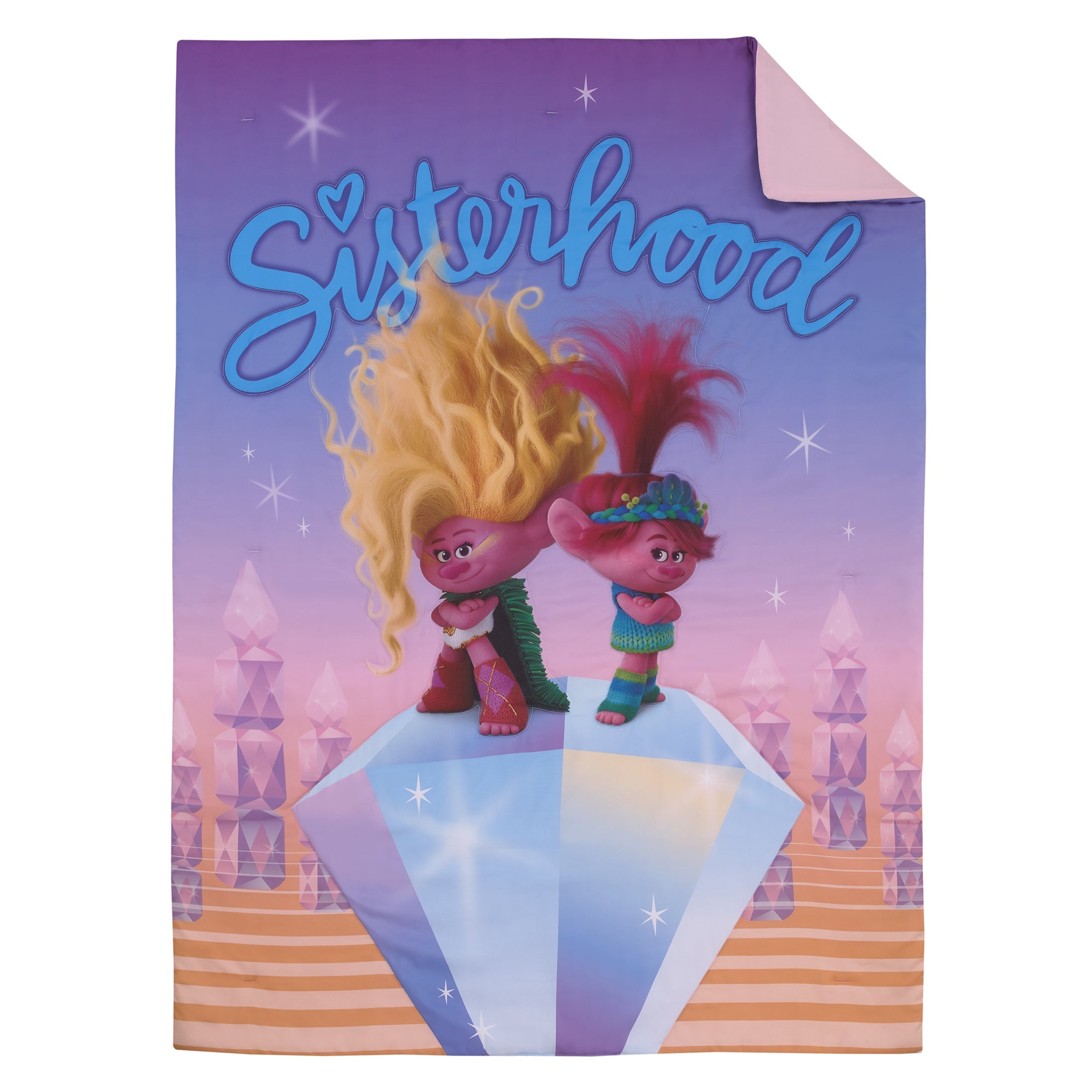 DreamWorks Trolls Glam Together Purple, Pink, and Blue, Poppy and Viva 4 Piece Toddler Bed Set - Comforter, Fitted Bottom Sheet, Flat Top Sheet, and Reversible Pillowcase