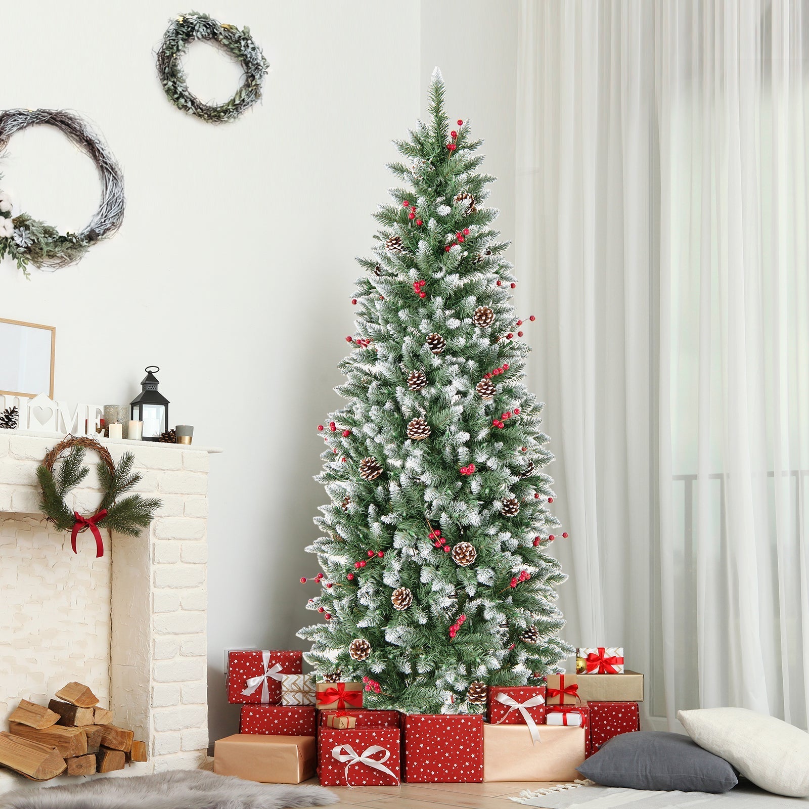 Pre-lit Artificial Pencil Christmas Tree with Pine Cones and Red Berries