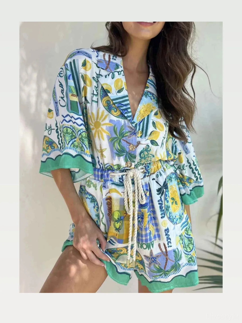 Tropical Print Collared Half Sleeve Romper