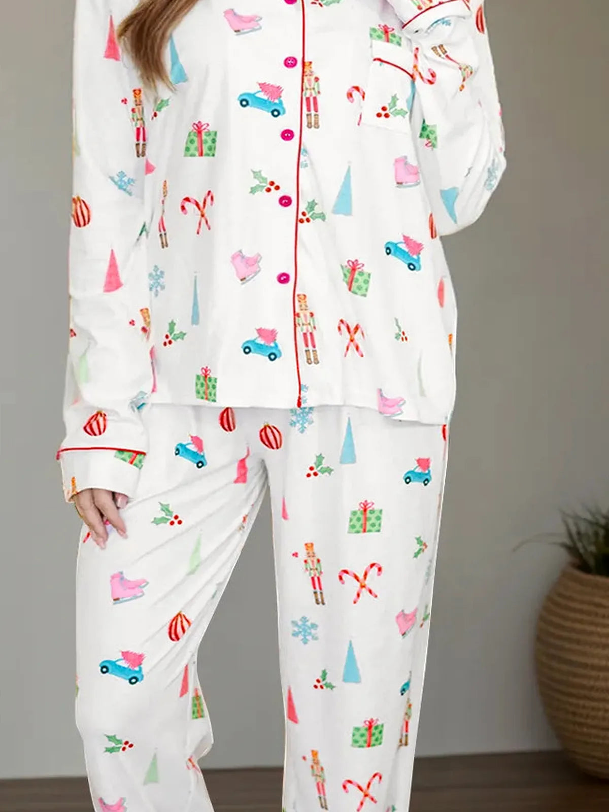 Christmas Print Collared Long Sleeve Top and Pants Pajama Set